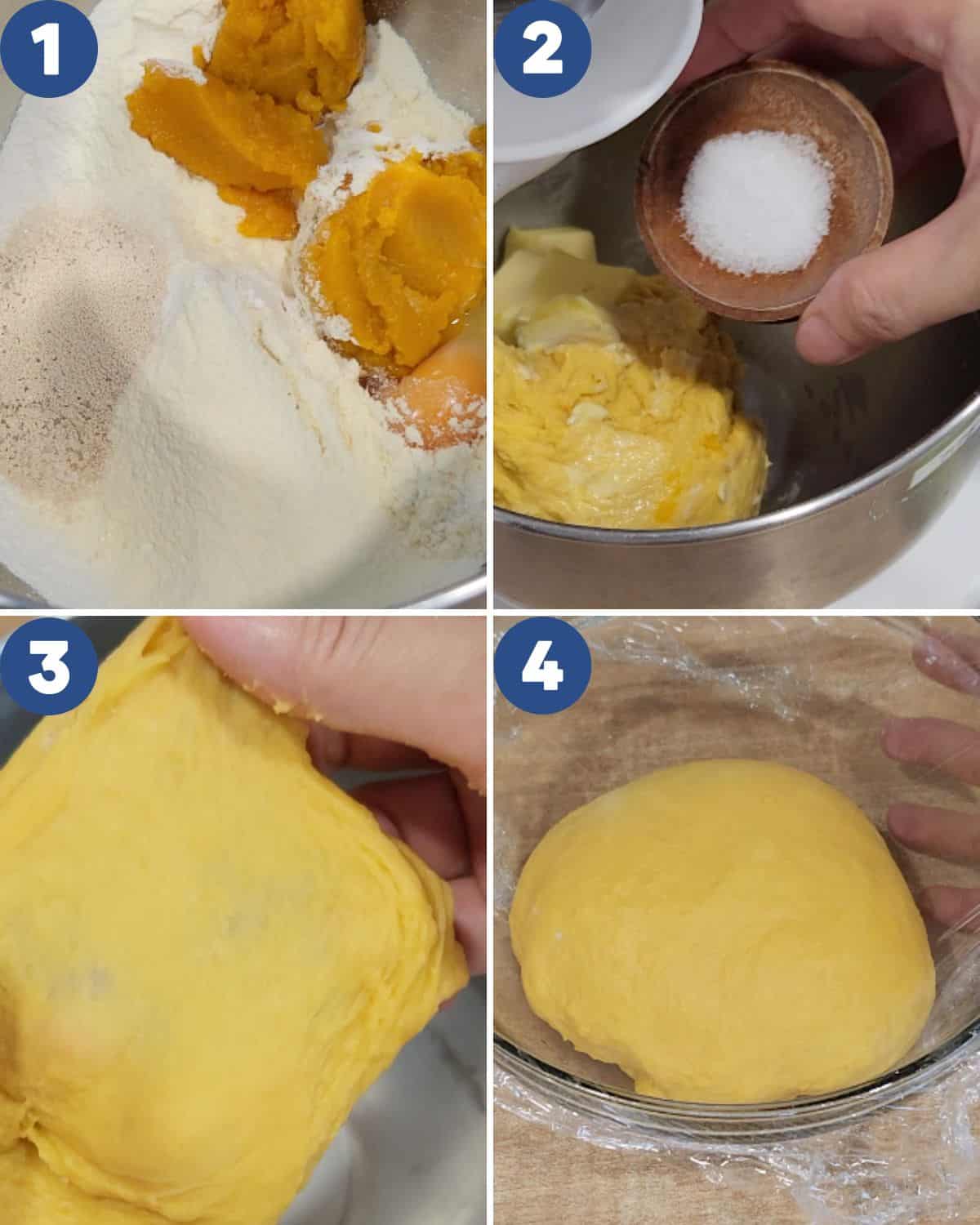 Step by step process photos of making the dough for pumpkin donuts.