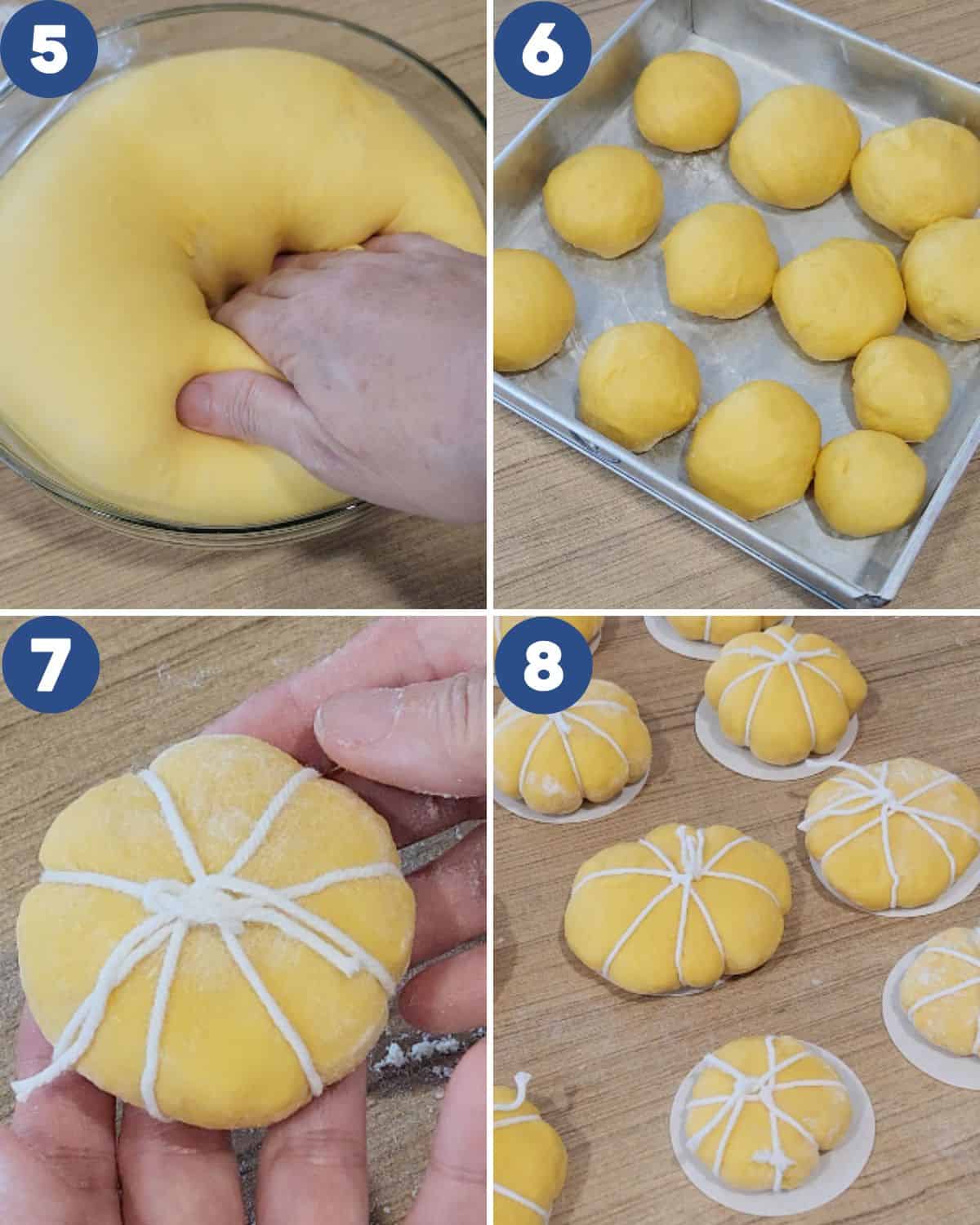 Step by step process photos of dividing and shaping the dough.