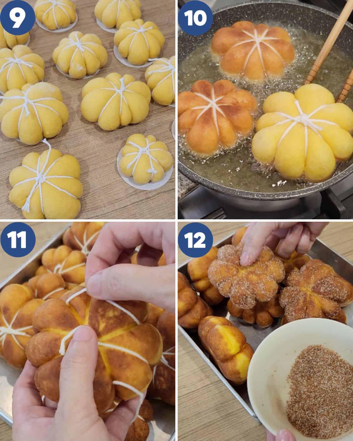 Step by step process photos of frying the donuts. 