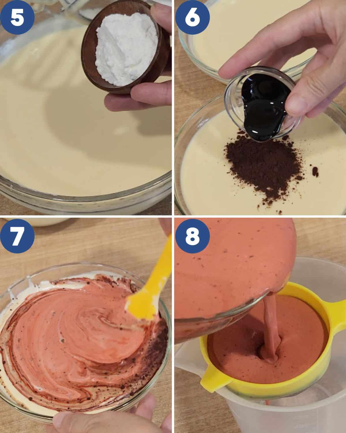 Step by step process photos of mixing the red velvet batter.
