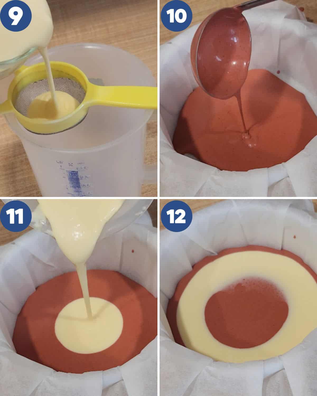Step by step process photos of pouring the batter into the pan. 