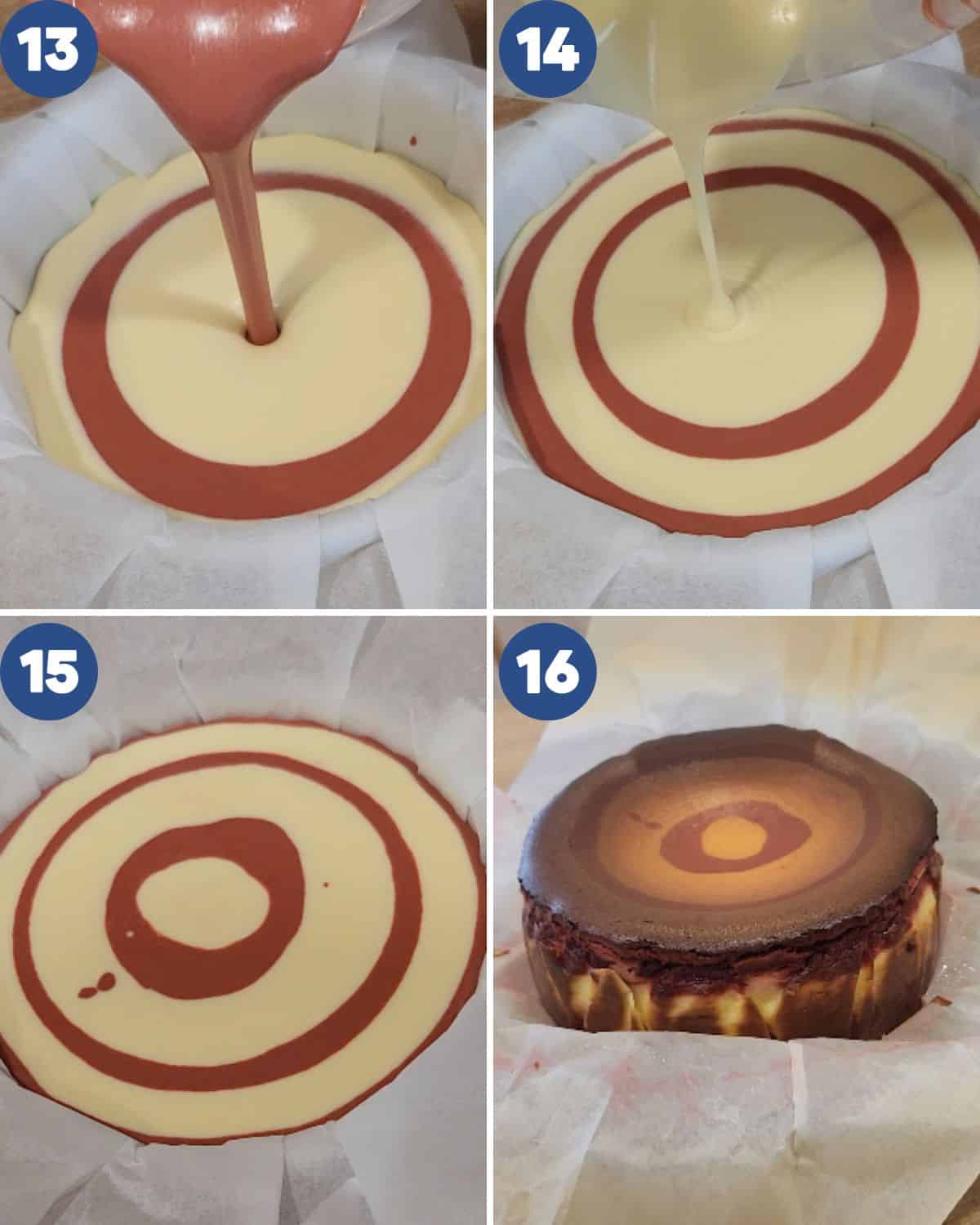 Step by step process photos of the pouring and baked red velvet cheesecake.